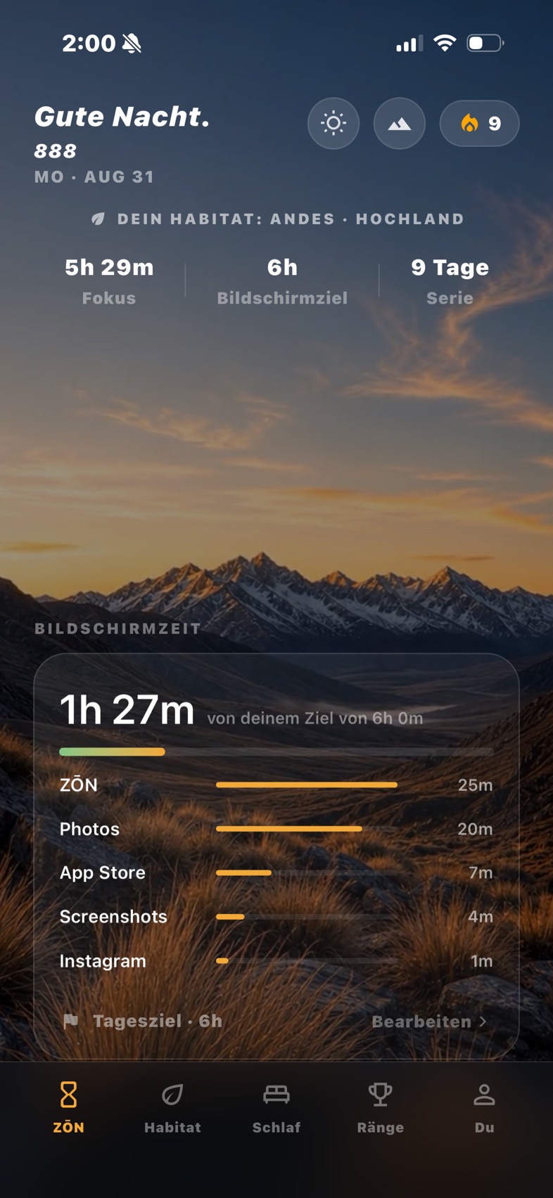 ZŌN App, Startbildschirm