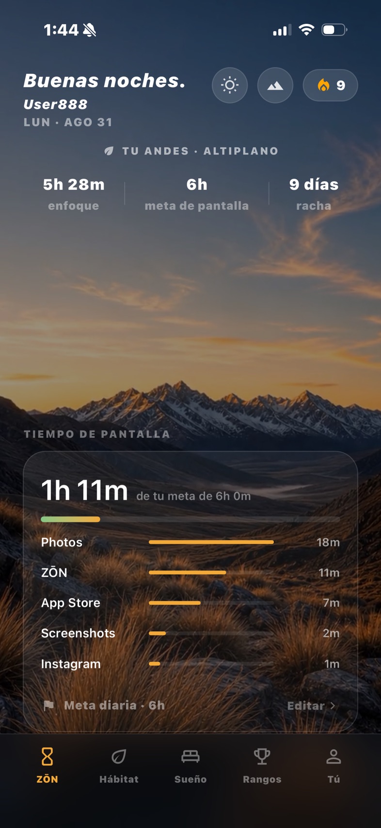 App ZŌN, pantalla de Inicio