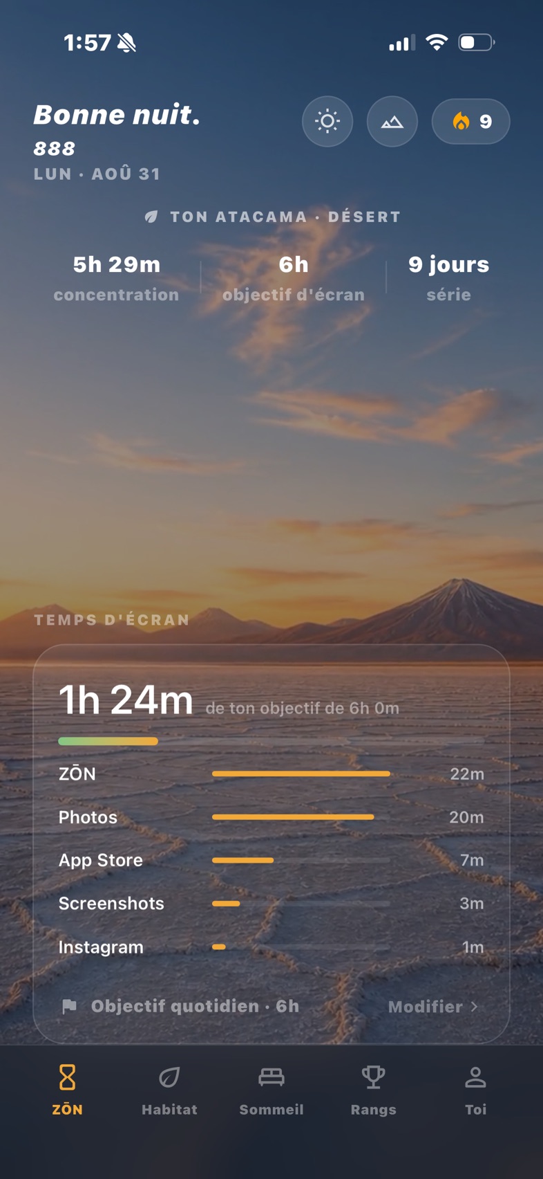 App ZŌN, écran d'accueil